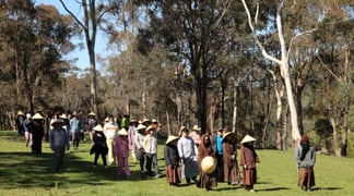 Monks walking through trees